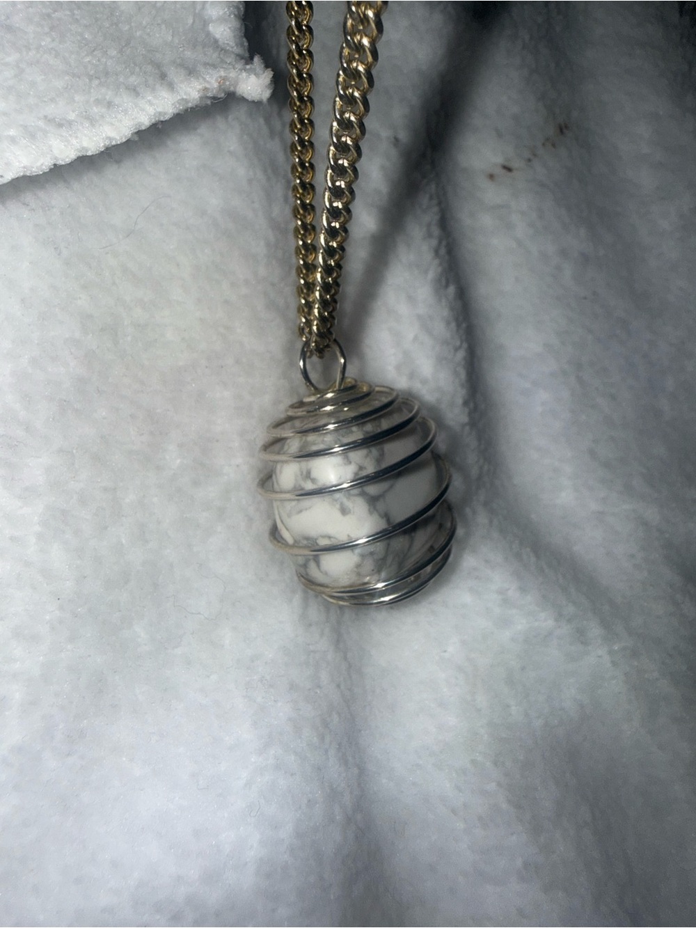 Silver Spiral Cage Pendant Necklace with White Marble Stone